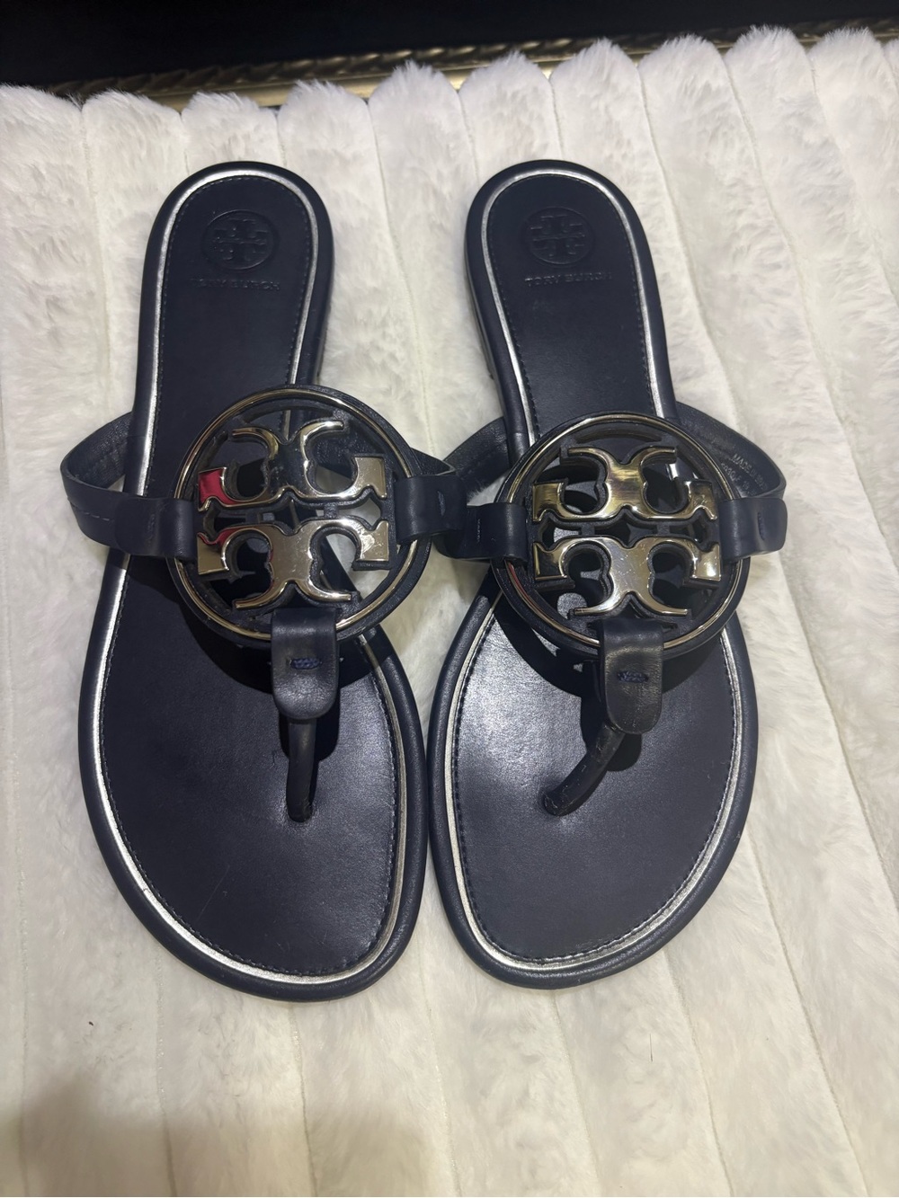 Tory Burch Navy Miller Logo Thong Sandals with Gold Medallions